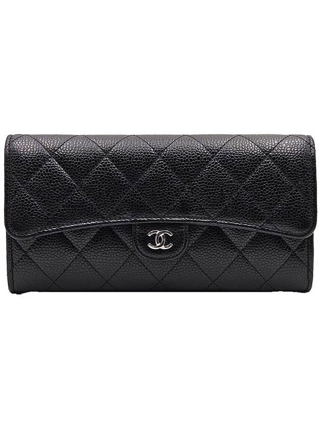 Silver Hardware Classic Caviar CC Logo Flap Long Wallet Black Chanel
