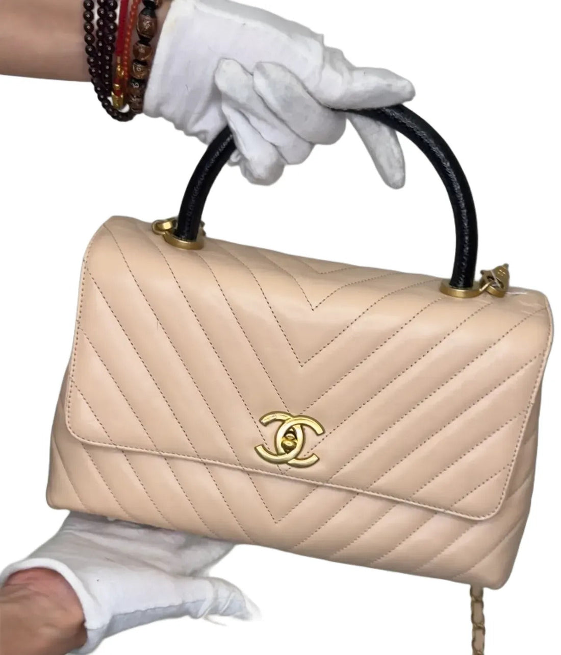 Top Quality Chanel Caviar Lizard Chevron Quilted Mini Coco Handle Flap Ivory B19-2