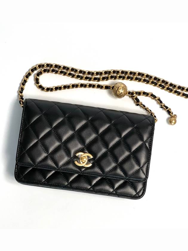 Wallet On Chain Crossbody Bag Lambskin Gold Black Chanel
