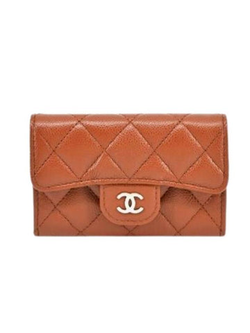 Classic Gold Logo Grained Shiny Calfskin Card Wallet Light Brown Chanel