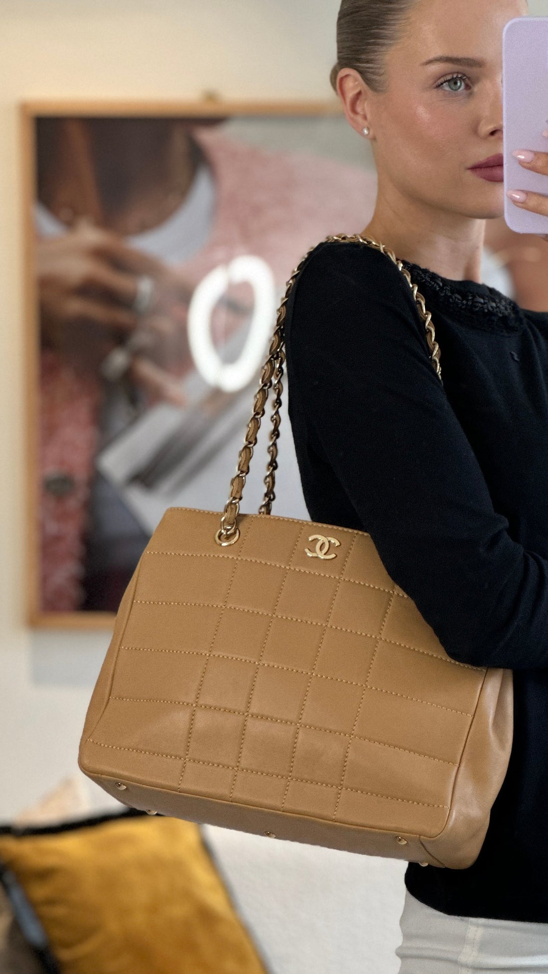 Top Quality Chanel  Beige Stitched Shoulder Bag in Lambskin Leather with Champagne Gold Hardware