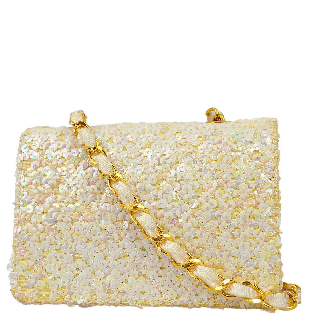 New 1:1 Rep Top Quality Chanel * White Sequin Straight Flap Shoulder Bag Micro