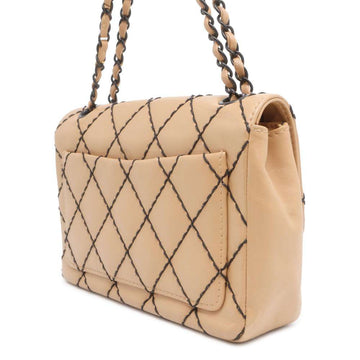 CHANEL CC Logo Wild Stitch Double Chain Shoulder Bag BeigeA14687 Calf Leather