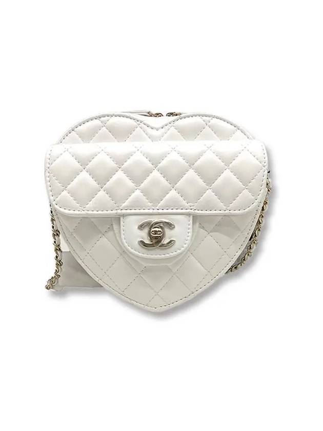 CC Logo Heart Chain Lambskin Cross Bag White Chanel