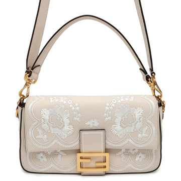 FENDI Bucket Floral Embroidery 2WAY Shoulder Bag Ivory/White 8BR600 Leather