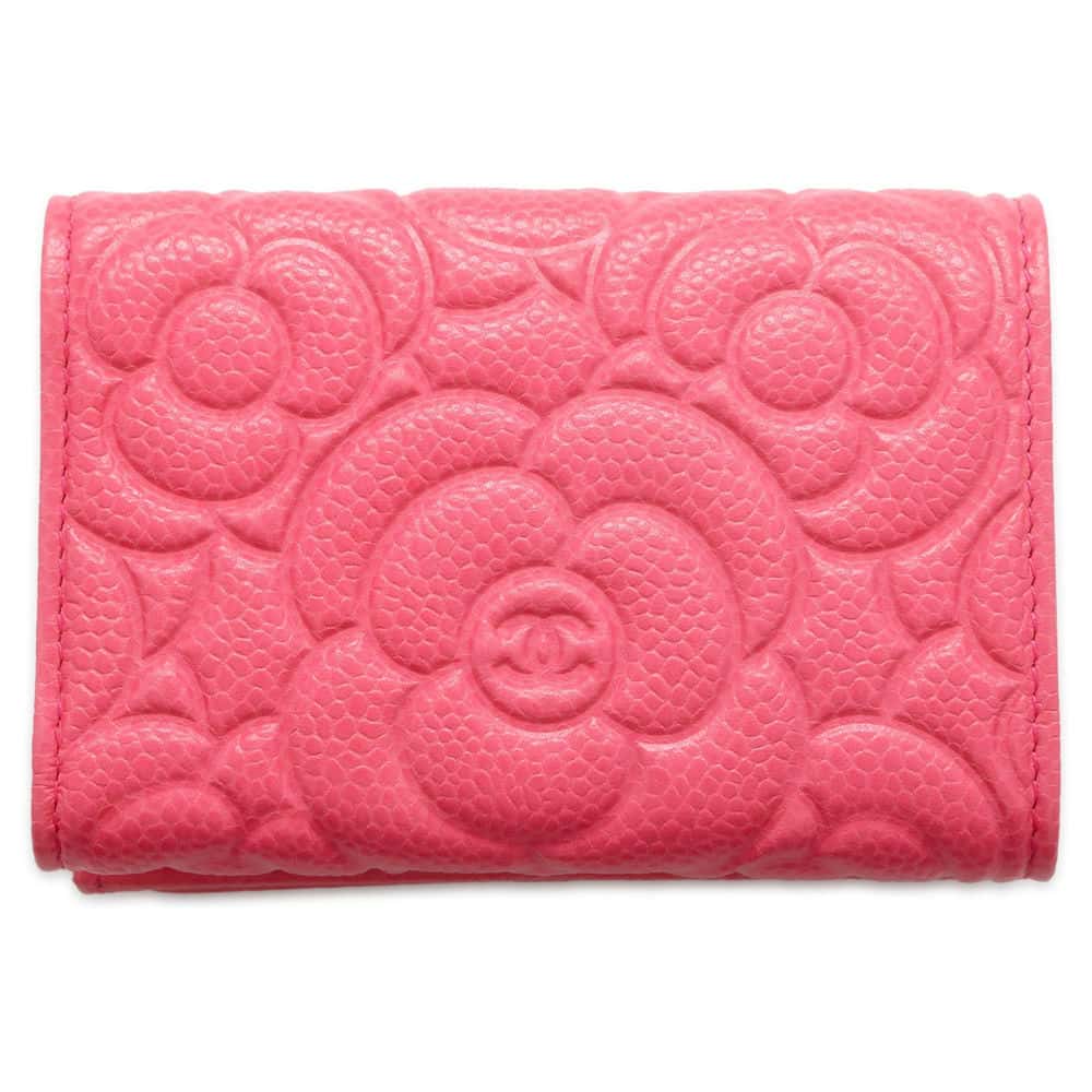 CHANEL Camellia Embossed Flap Tri-Fold Compact Wallet PinkAP0116 Caviar Leather