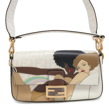 FENDI Mamma Baguette Antonio Lopez White/Brown 8BR600 PVC Coated Canvas Leather Size Medium
