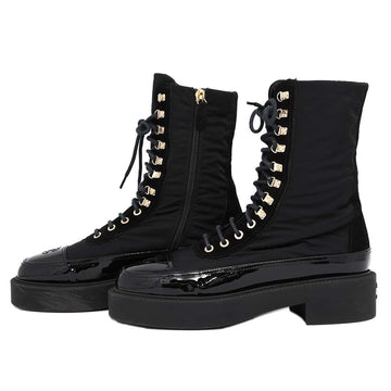 CHANEL CC Logo Boots BlackG38086 Nylon Leather Size 38C
