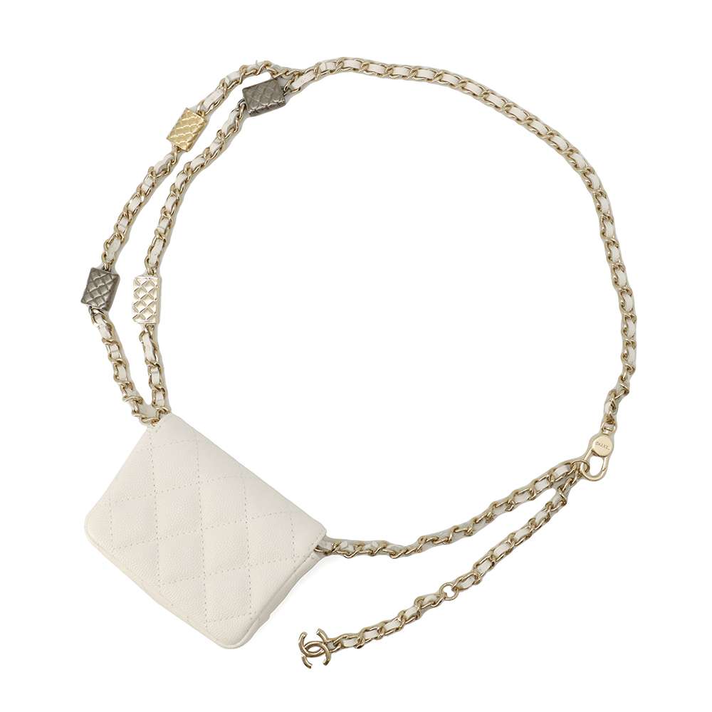 CHANEL CC Logo Mini Chain Belt Bag White Caviar Leather