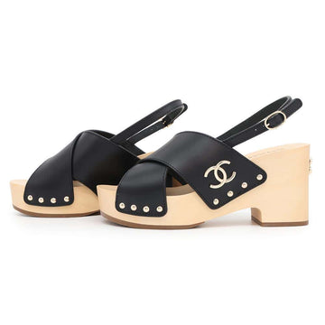 CHANEL Four-leaf clover CC Logo Sabo Sandals Black/NaturalG45389 Wood Leather Size 36C