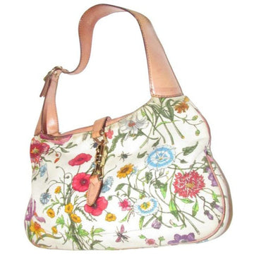RARE, Gucci, unique, flora design fabric and nude leather, 1961 Jackie hobo style purse with vibrant colors, a gold piston closure