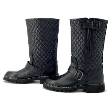 CHANEL CC Logo Engineer Boots Black Leather Size 34
