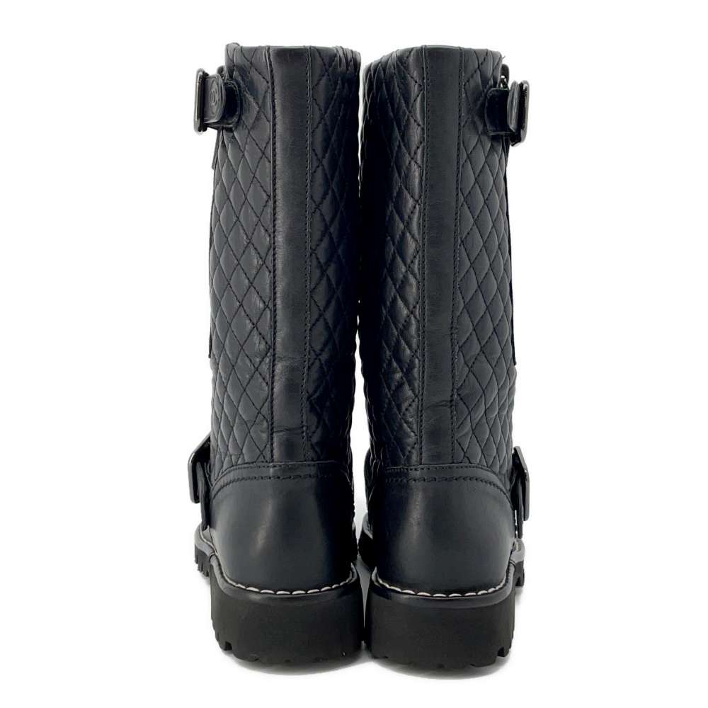 CHANEL CC Logo Engineer Boots Black Leather Size 34