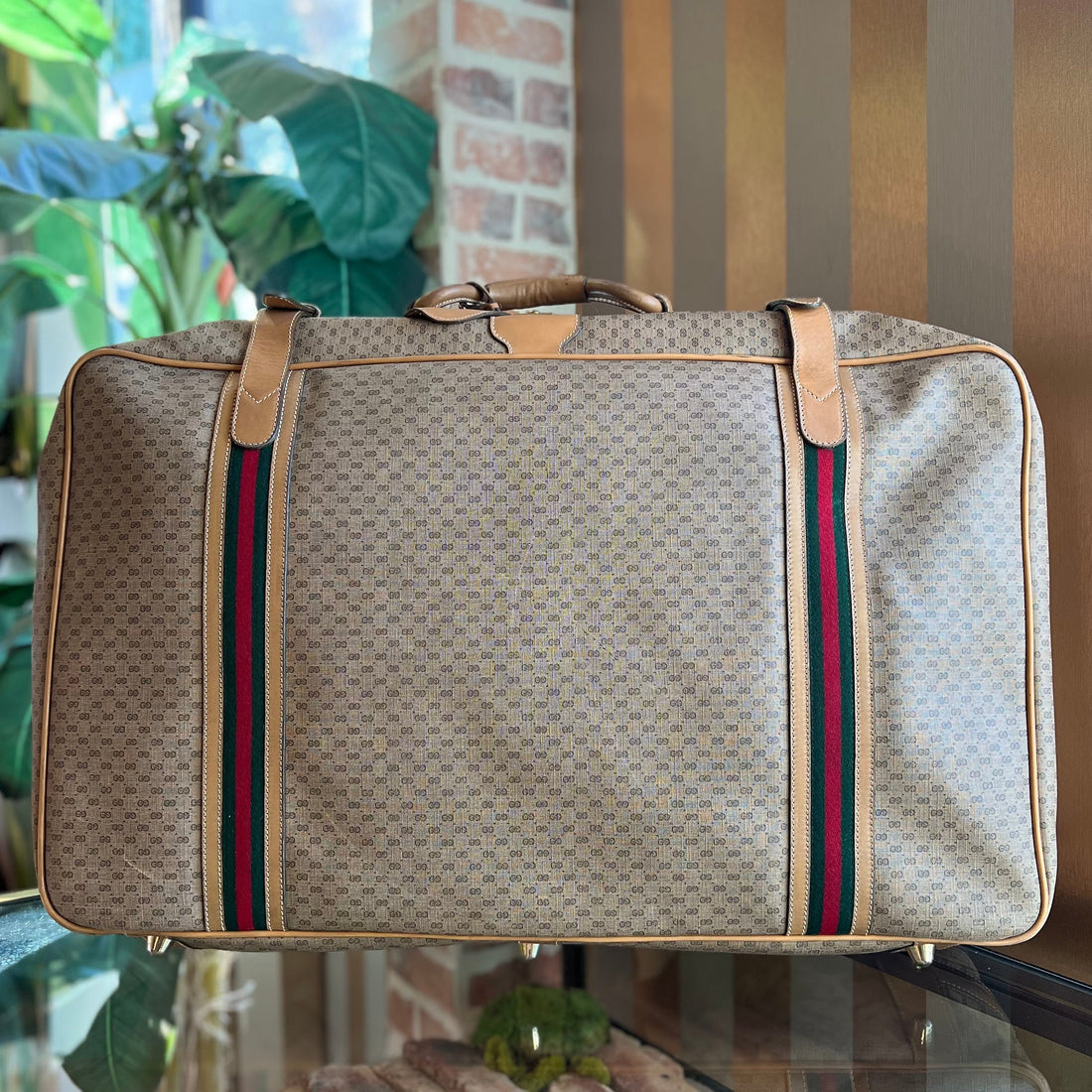 GUCCI Beige Tan Micro GG Canvas  Web Zip Around Travel Bag Suitcase