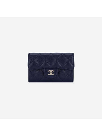 Classic Gold Logo Grained Shiny Calfskin Card Wallet Navy Chanel