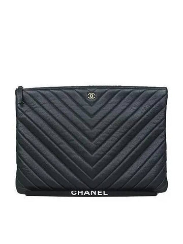 COCO gold logo black caviar chevron large clutch bag Chanel