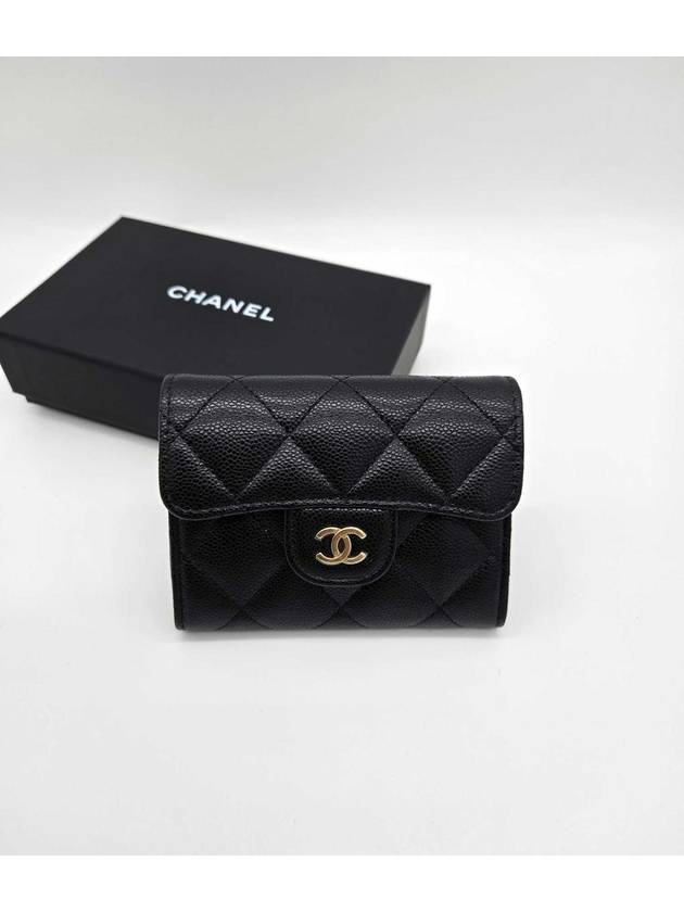 Classic Grained Calfskin Card Wallet Gold Black Chanel
