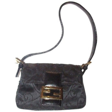 Fendi Black Silk And Leather Petite Baguette With Geometric Beaded Embellishments