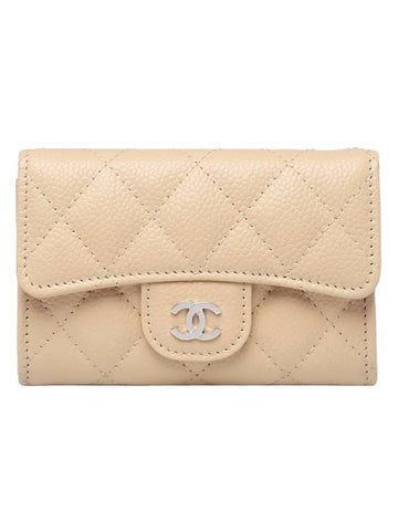Classic Silver Logo Quilted Caviar Card Wallet Beige Chanel