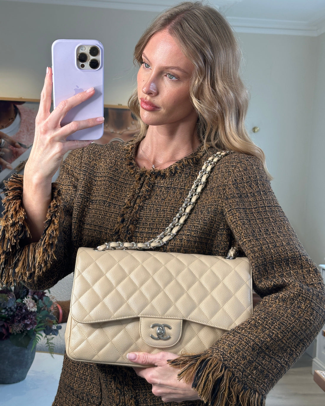 Top Quality Chanel Beige Jumbo Classic Double Flap Bag in Caviar Leather with Silver Hardware RRP ¬£9,240