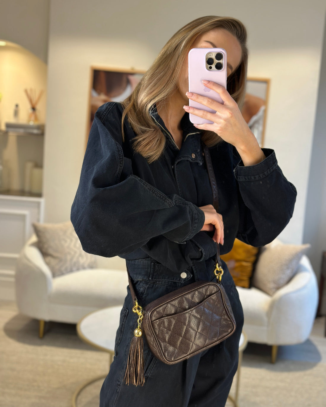 Top Quality Chanel  Chocolate Brown Small Camera Bag in Caviar Leather with Gold Hardware