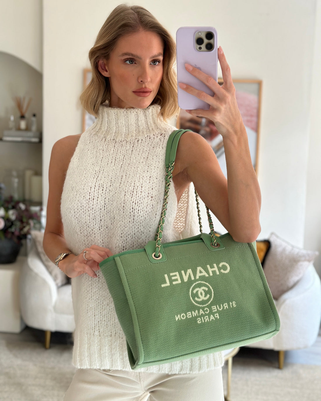 *HOT* Top Quality Chanel Pistachio Green Canvas Small Deauville Tote Bag with Champagne Gold Hardware