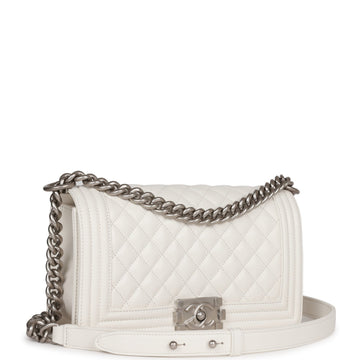 Top Quality Chanel Medium Boy Bag White Caviar Aged Silver Hardware