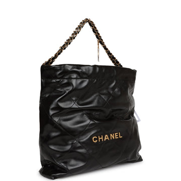 Top Quality Chanel Medium 22 Bag Black Calfskin Aged Gold Hardware