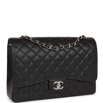 Top Quality Chanel Maxi Classic Double Flap Bag Black Quilted Caviar Silver Hardware