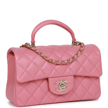 Top Quality Chanel Mini Rectangular Flap with Top Handle Dark Pink Lambskin Light Gold Hardware