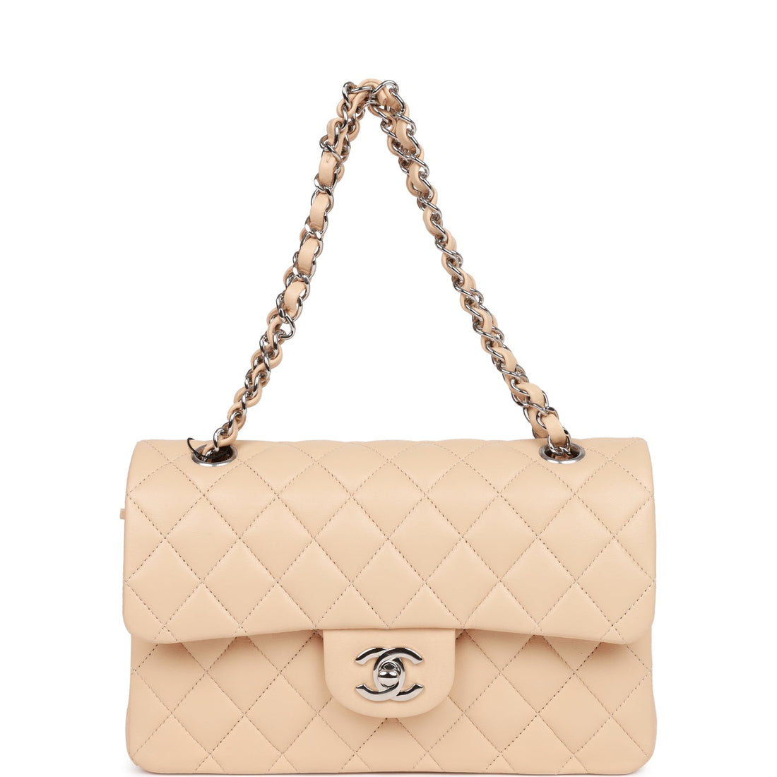 Top Quality Chanel Small Classic Double Flap Beige Lambskin Silver Hardware New Bag
