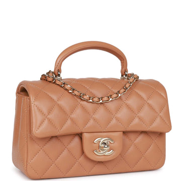 Top Quality Chanel Mini Rectangular Flap with Top Handle Caramel Lambskin Light Gold Hardware