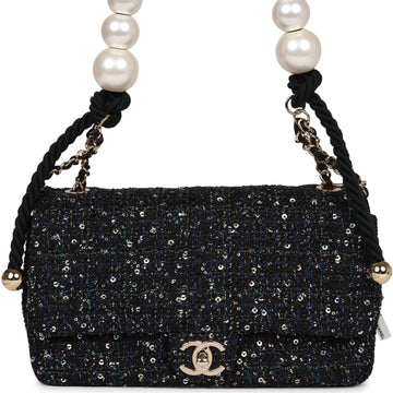 Top Quality Chanel Medium Pearl Handle Flap Bag Dark Blue Tweed Boucle Light Gold Hardware
