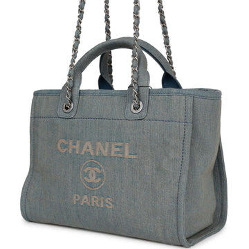 Top Quality Chanel Small Deauville Shopping Bag Distressed Blue Denim Aged Silver Hardware