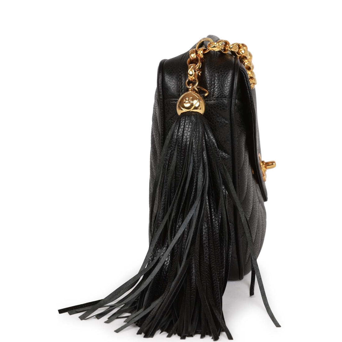 Top Quality Chanel Small Chevron Tassel Camera Bag Black Caviar Gold Hardware