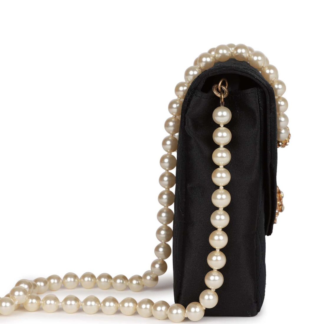 Top Quality Chanel Gripoix Pearl Chain Bag Black Satin Gold Hardware