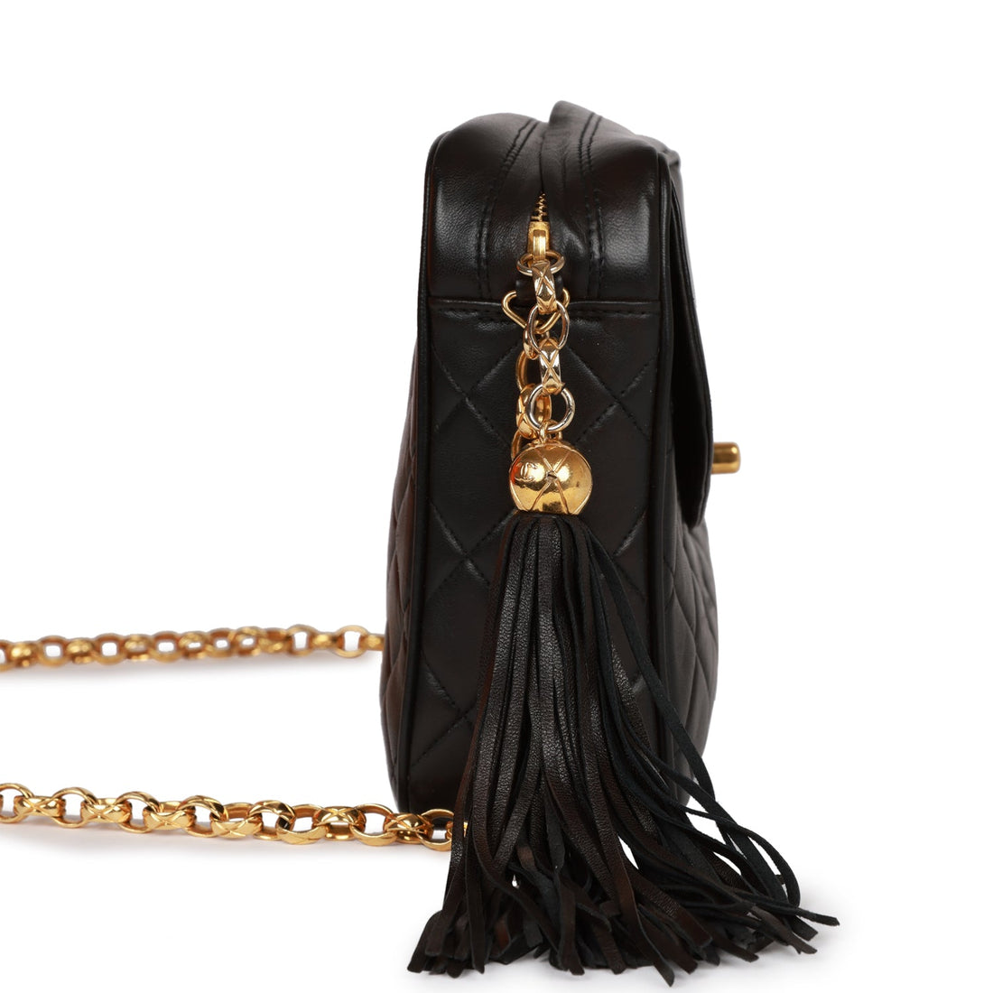 Top Quality Chanel Small Diana Fringe Camera Bag Black Lambskin Gold Hardware
