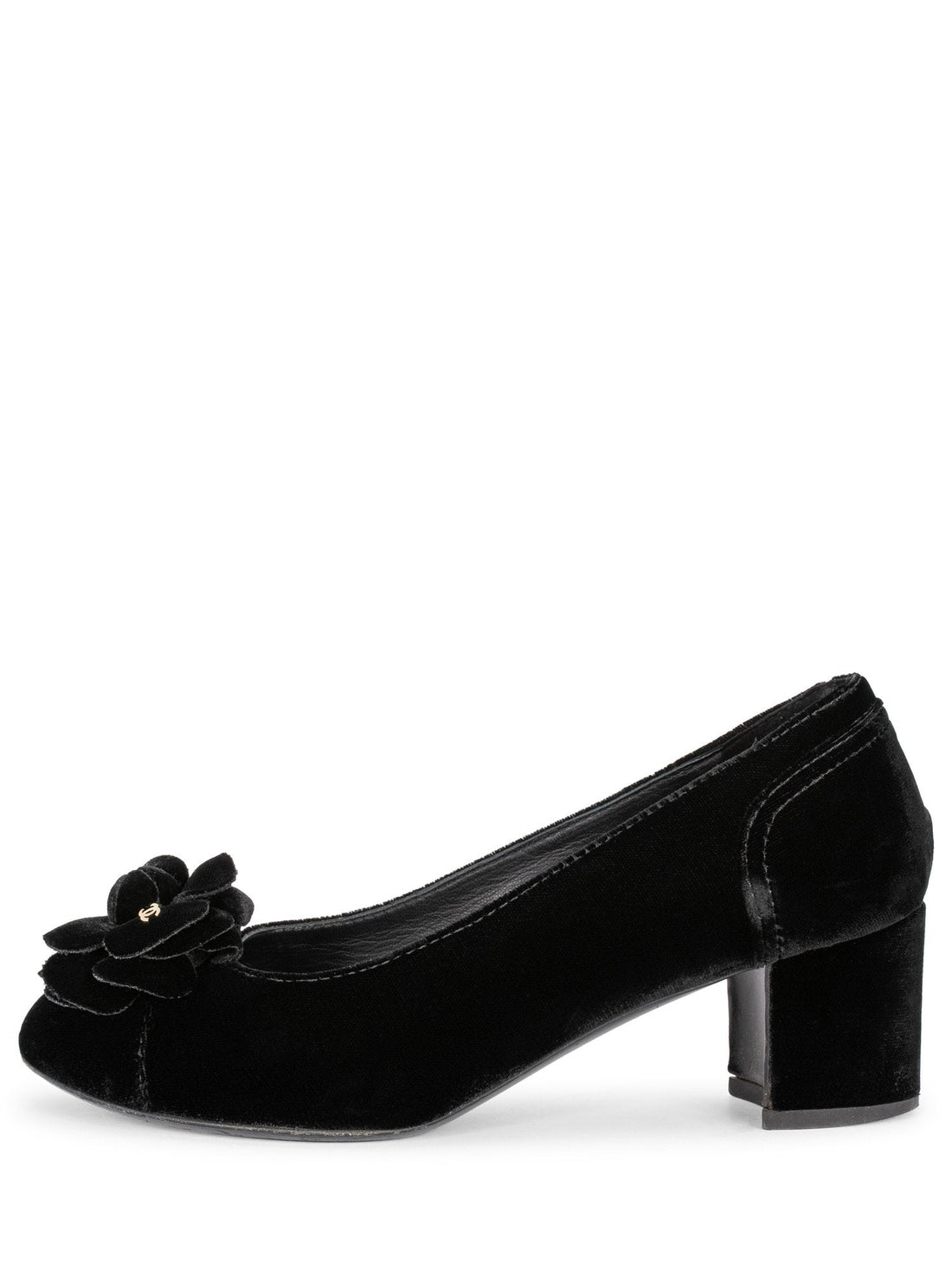 Top Quality Chanel CC Logo Velvet Camellia Round Toe Shoes Black