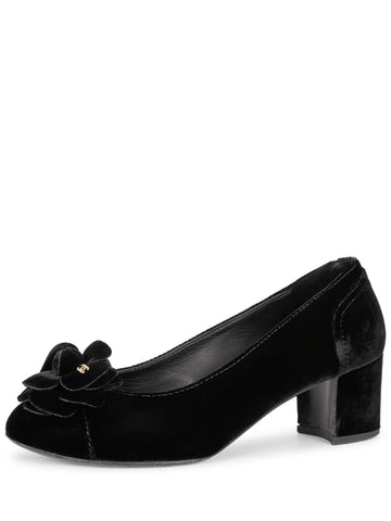 Top Quality Chanel CC Logo Velvet Camellia Round Toe Shoes Black