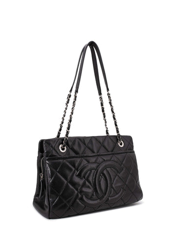 Top Quality Chanel Caviar Quilted Leather CC Logo Shopper Bag Black