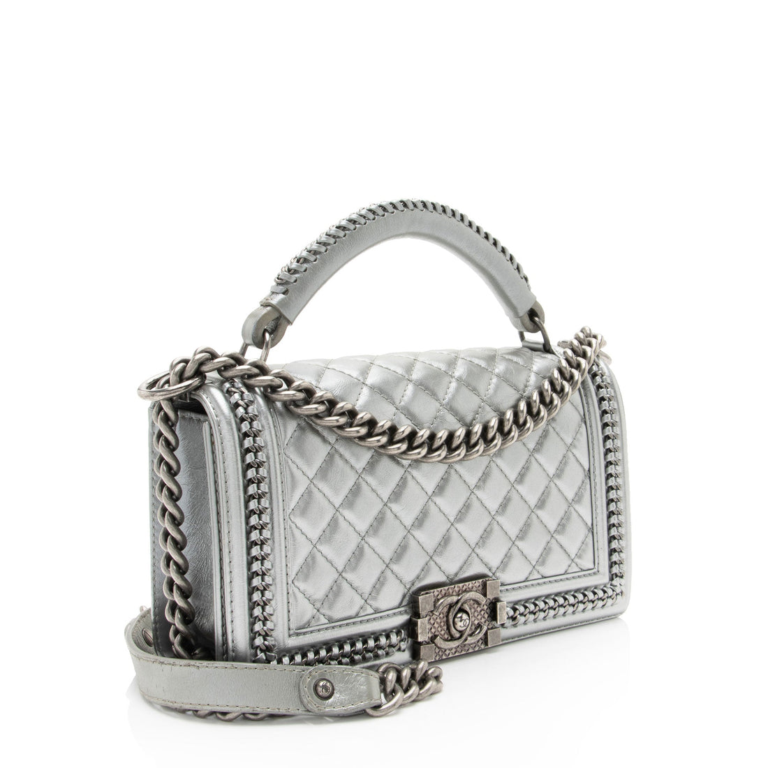 Top Quality Chanel Metallic Aged Calfskin Chain Top Handle Medium Boy Bag (SHF-RO5g92)