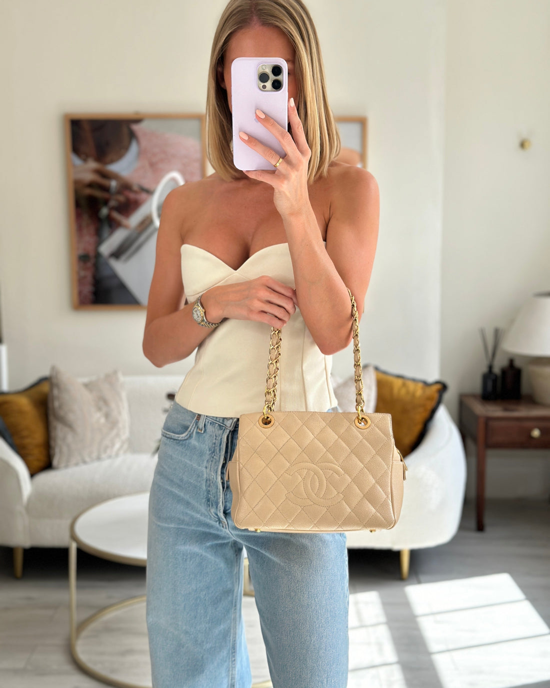 *RARE* Top Quality Chanel  Mini Beige GST Shopper Tote Bag in Caviar Leather with Gold Hardware