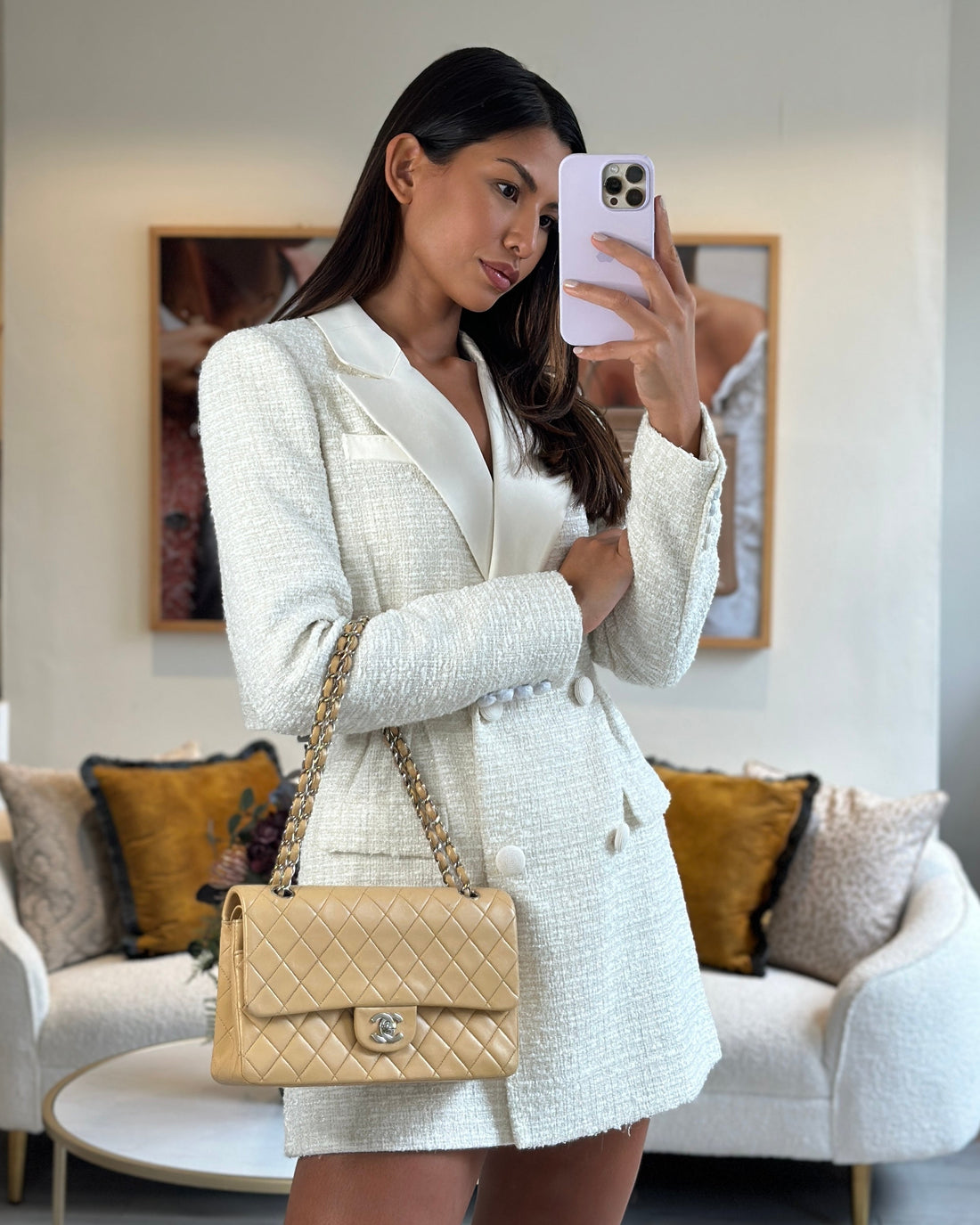 Top Quality Chanel  Beige Classic Medium Double Flap Bag in Lambskin Leather with Silver Hardware