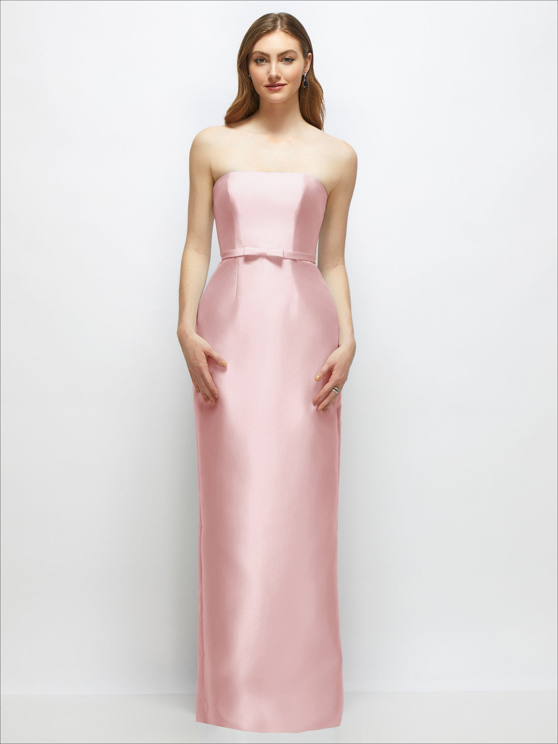 Strapless Satin Column Dress with Bow-Trimmed Skinny Belt