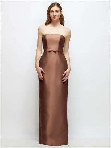Strapless Satin Column Dress with Bow-Trimmed Skinny Belt