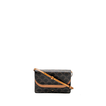 Celine Wallet On Strap Triomphe Canvas /Smooth Lambskin Tan GHW