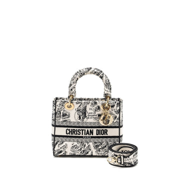 Top quality Dior Medium Lady D-lite Bag Plan De Paris Embroidery Canvas Black/White