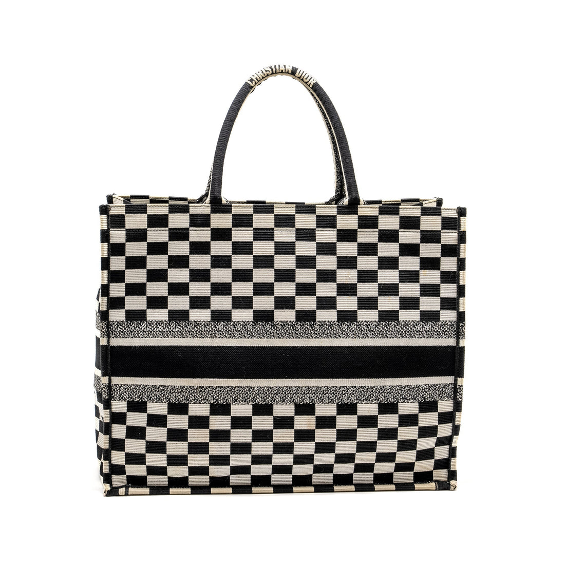 Top quality Dior Large Book Tote White Checkered Embroidered Canvas Black / White