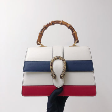 Gucci Calfskin Medium Dionysus Bamboo Handle Bag White Blue Red