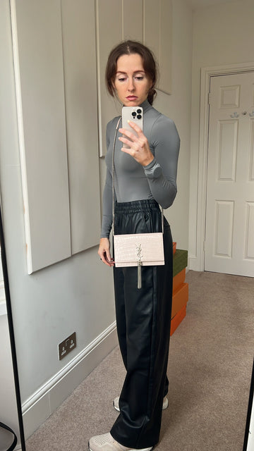 Yves Saint Laurent (YSL) Pale Pink Croc Kate Chain Wallet Silver Hardware